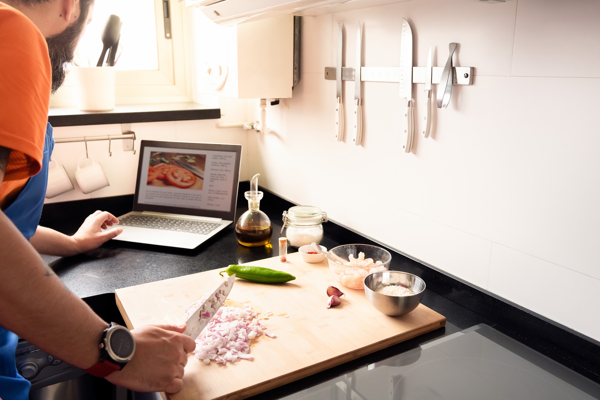 Studio kitchen with tools and laptop